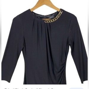 Tahari cocktail sheath knee length black dress with gold chain neckline sz 18